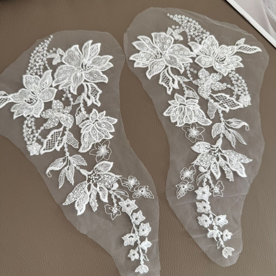 Floral Embroidered Lace Appliqué - Handmade DIY Wedding Dress, Veil & Accessory Patch, White (ZH505)