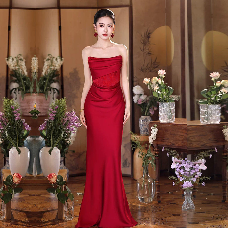 West lake qu [secret words] red toasting dress bridal tube top mermaid dress wedding engagement dress skirt for women high-end
