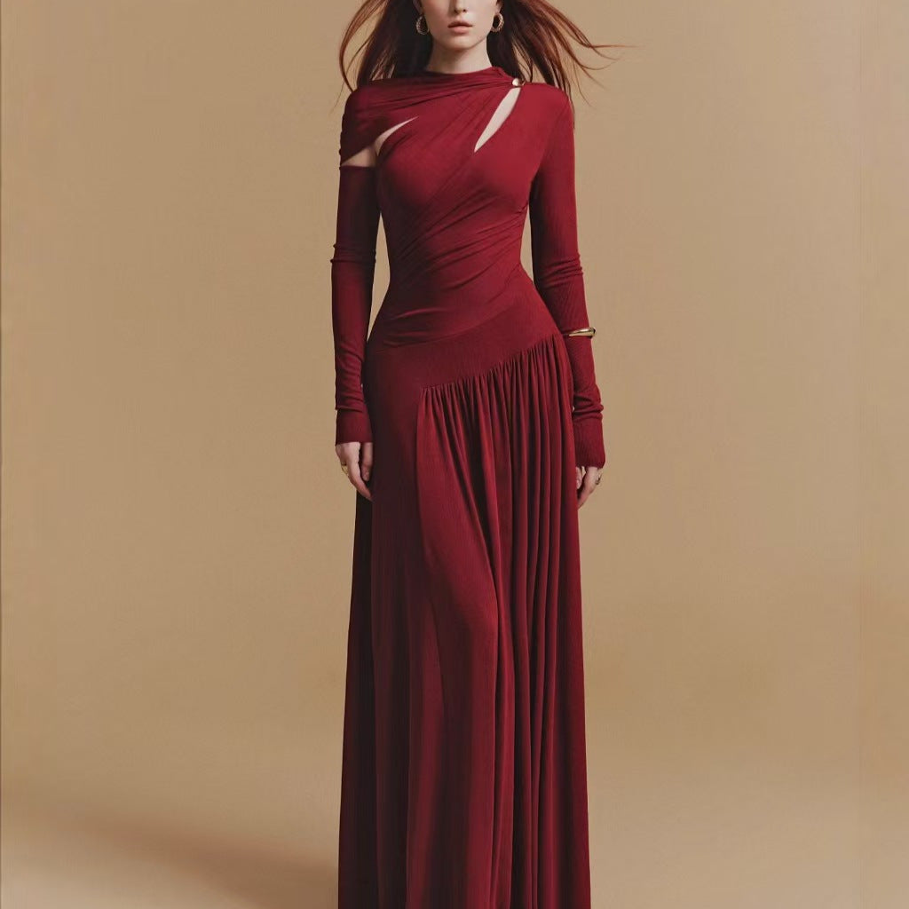 Asymmetric Cut-Out Maxi Dress — Draped Neckline with a Ruched Waist