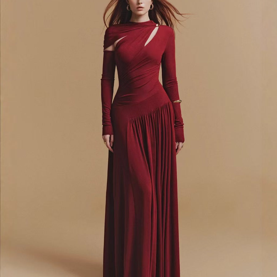 Asymmetric Cut-Out Maxi Dress — Draped Neckline with a Ruched Waist