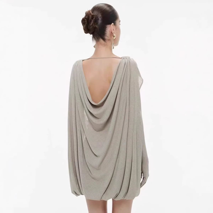 Plunge-Neck Draped Mini Dress — Sculptural Ruching with a Cowl Back