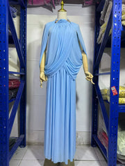 High-Neck Cape Evening Gown — Cross-Over Draping with a Flowing Pleated Skirt