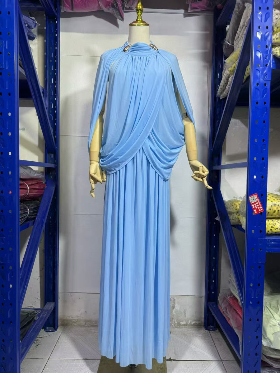 High-Neck Cape Evening Gown — Cross-Over Draping with a Flowing Pleated Skirt