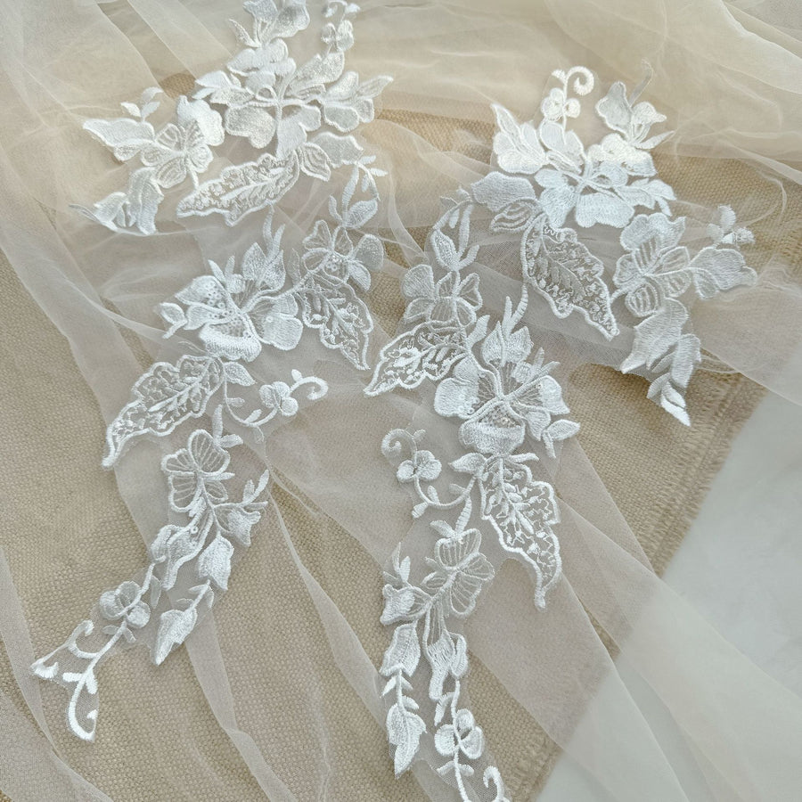 Sequin Embroidered Lace Floral Appliqué Trim - Wedding Dress & Bridal Gown Accessory
