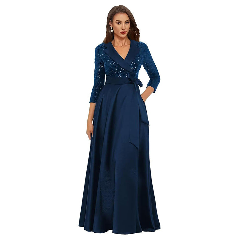 Cross-border amazon hot-selling black long evening gown for women, mid-sleeve, slim-fit, figure-flattering, perfect for banquets, annual meetings, hosts, and performances