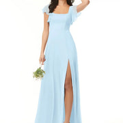 Cross-border exclusive square neck ruffle sleeve chiffon slit long dress wedding bridesmaid host performance costume dress dress