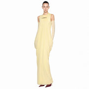 High-Neck Draped Maxi Dress — A Subtle Cut-Out with Sculptural Hip Folds