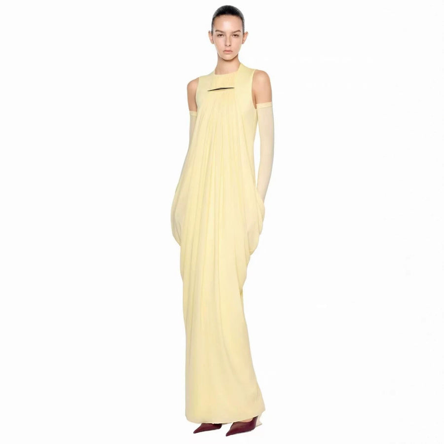 High-Neck Draped Maxi Dress — A Subtle Cut-Out with Sculptural Hip Folds