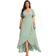2026 cross-border gentle style v-neck pleated chiffon bridesmaid dress ruffle short-sleeved asymmetrical skirt party