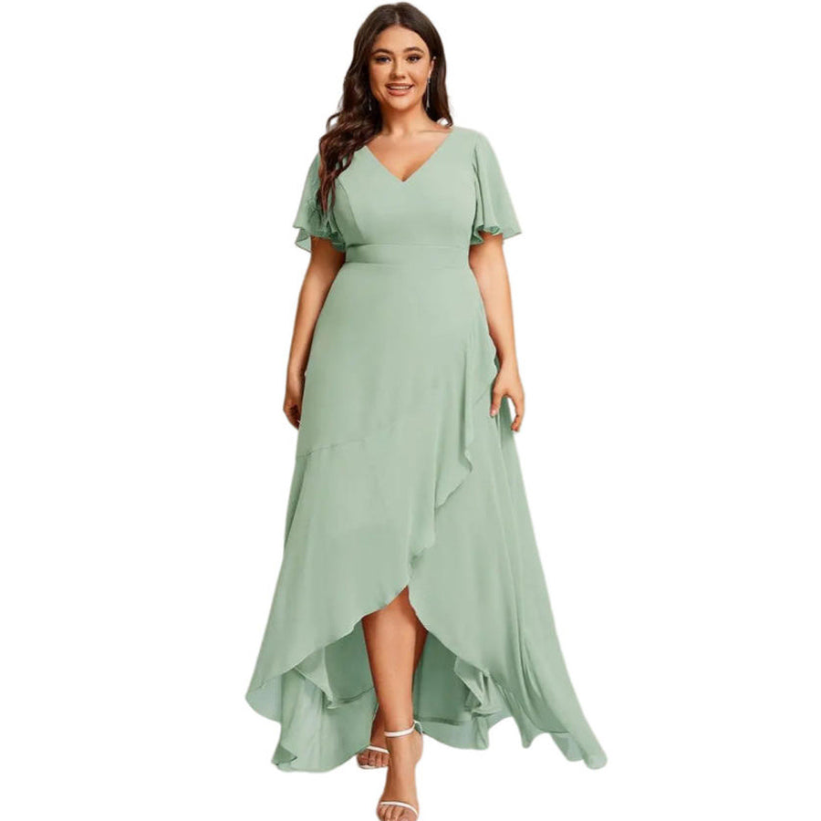 2026 cross-border gentle style v-neck pleated chiffon bridesmaid dress ruffle short-sleeved asymmetrical skirt party