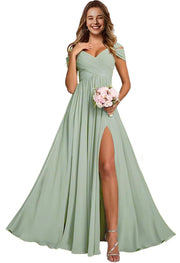 Off-the-shoulder bridesmaid dresses - long, slit, chiffon evening gowns for dinner parties, proms, and sisterhood events