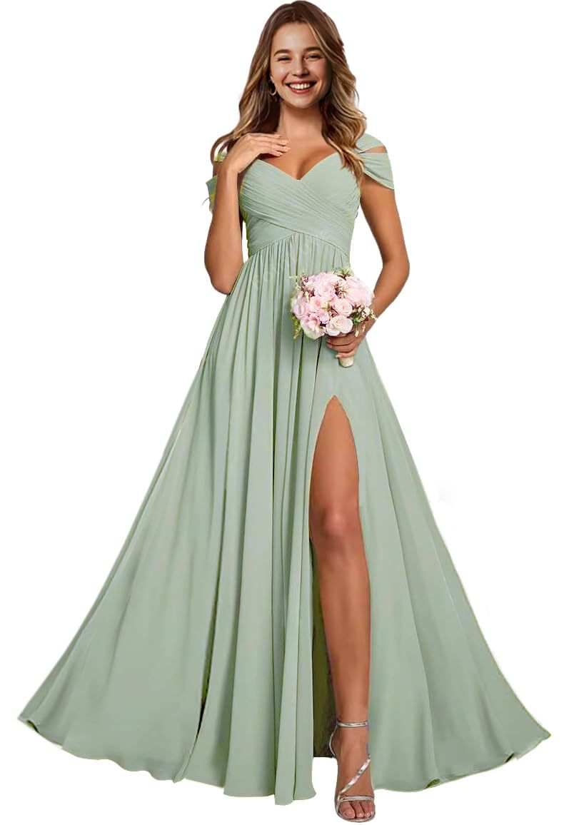 Off-the-shoulder bridesmaid dresses - long, slit, chiffon evening gowns for dinner parties, proms, and sisterhood events