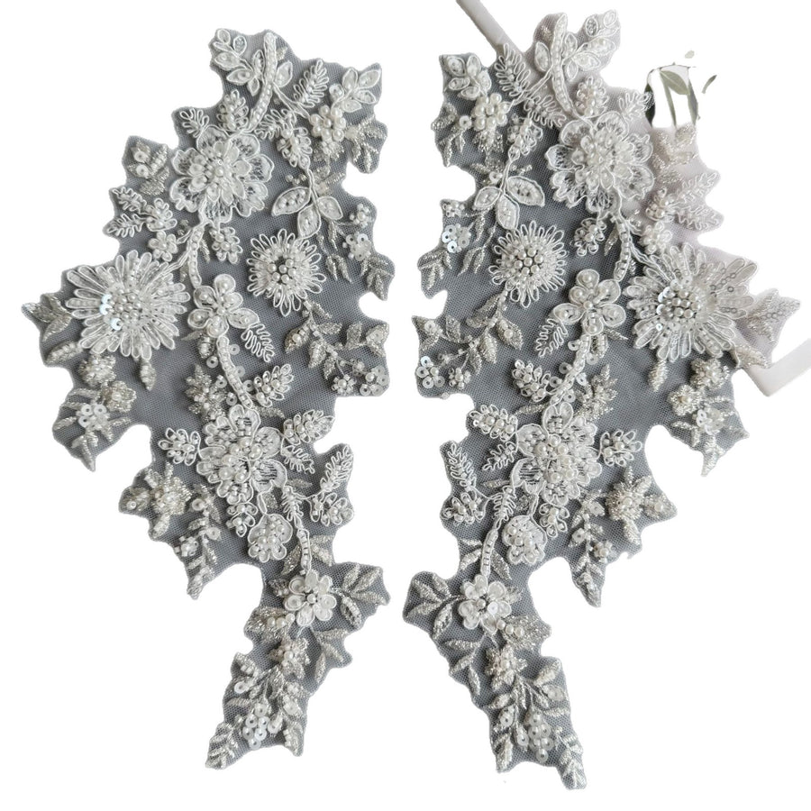 White Embroidered Beaded Lace Appliqué - DIY Bridal Headdress & Wedding Dress Accessory