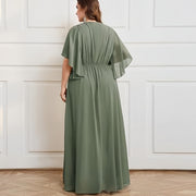 Plus size women's v-neck high-waisted a-line long evening gown/party dress - slimming and flattering - perfect for curvy moms (cross-border)