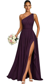 One shoulder chiffon long bridesmaid dress slit evening dress female sister group toast dress graduation performance dress factory direct supply