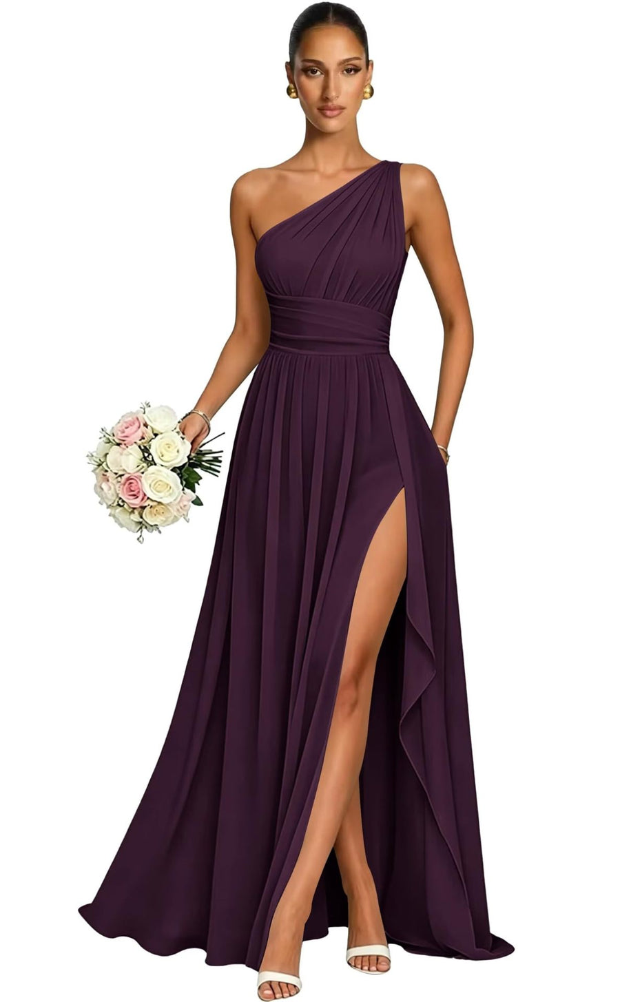 One shoulder chiffon long bridesmaid dress slit evening dress female sister group toast dress graduation performance dress factory direct supply