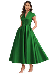 2026 premium satin v-neck midi dress with belted waist, pockets, and suitable for daily wear, parties, and hosting events