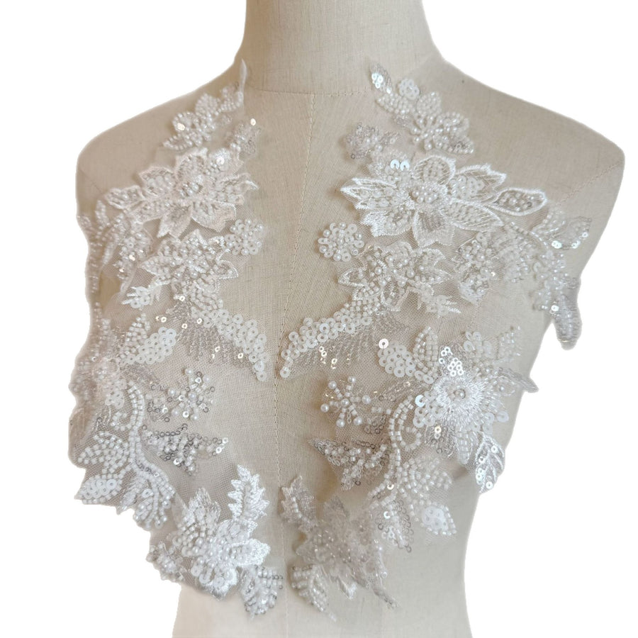 Zh426 white beaded embroidery appliqué - floral patches for bridal wedding dresses, fabric decorations, diy accessories