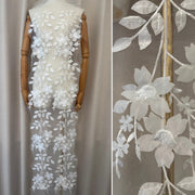 Korean Style White Tulle Mesh Fabric - Fresh Lace, Cute Sequins, Embroidery & 3D Embellishments (ZH472)