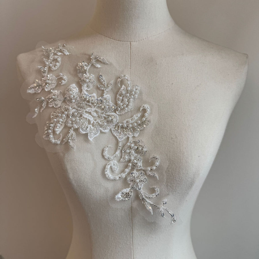 Mesh white beaded lace embroidered diy mom outfit clothing patch applique embroidery applique piece d90 single