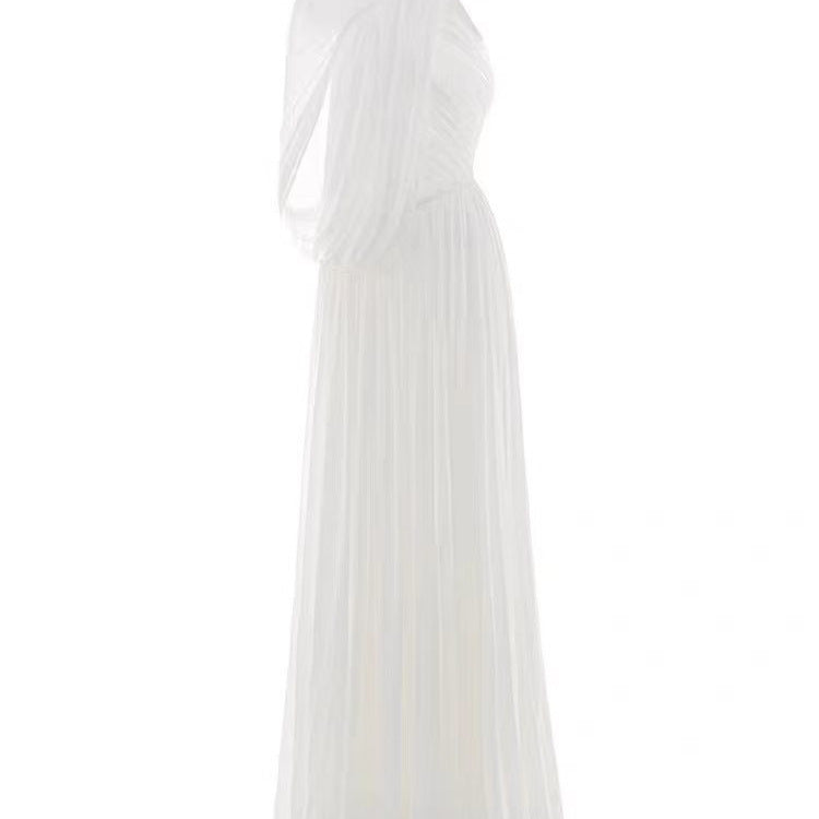 Asymmetric Draped Maxi Dress — High-Neck Elegance with a Cape Detail