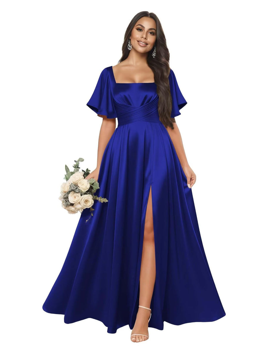 Satin square neck short-sleeved long evening dress, multiple colors available, sister group toast dress, annual meeting host, classy banquet