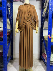 High-Neck Cape Evening Gown — Cross-Over Draping with a Flowing Pleated Skirt
