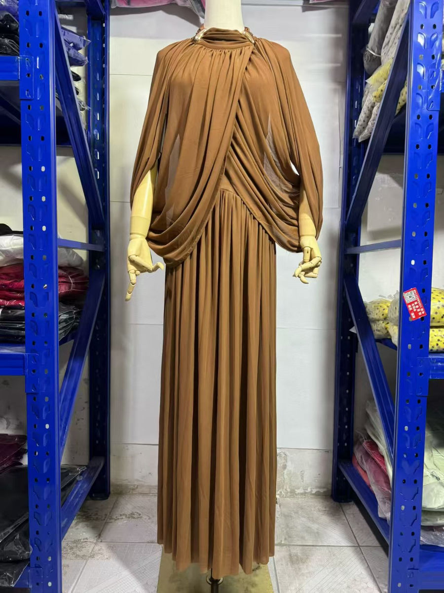 High-Neck Cape Evening Gown — Cross-Over Draping with a Flowing Pleated Skirt