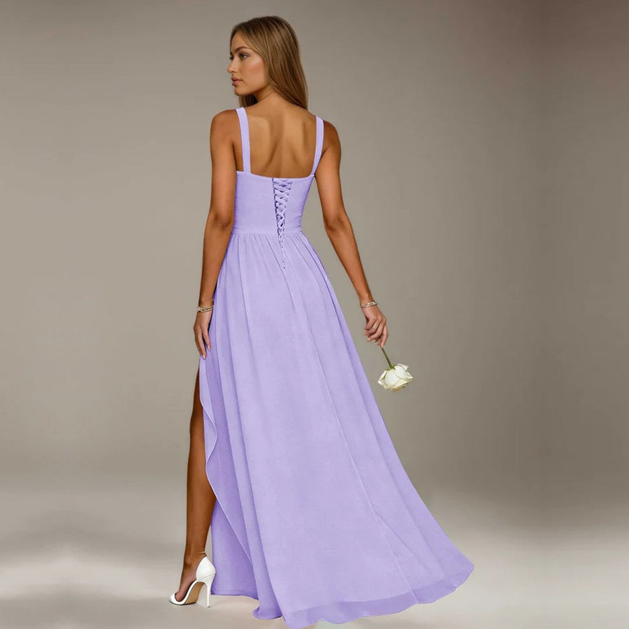 Chiffon suspender high slit long evening dress shoulder strap mop skirt bridesmaid annual meeting host dress banquet dress