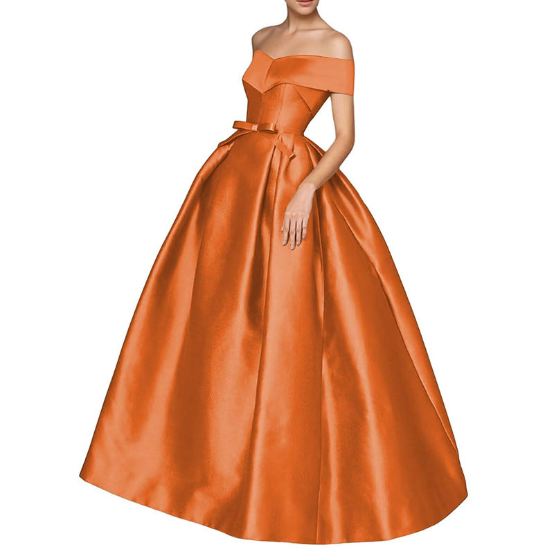 European and american one-shoulder satin flared maxi dress with tie-up bow waist – evening, wedding, and mother-of-the-bride long gown