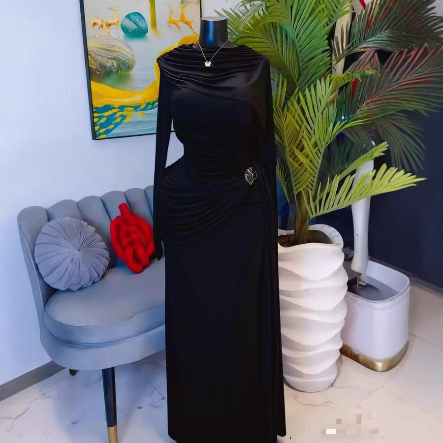 Long-Sleeve Ruched Evening Gown — Asymmetric Draping with a Metallic Hip Detail