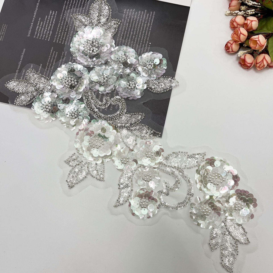 Beaded sequin pearl embroidered lace trim for DIY wedding dress embellishments.