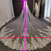 Cathedral lace bridal veil made of embroidered tulle with long wedding train and delicate chiffon mesh.
