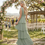 European and american chiffon bridesmaid dress v-neck sleeveless tiered cake dress wedding sister dress hostess outfit gown