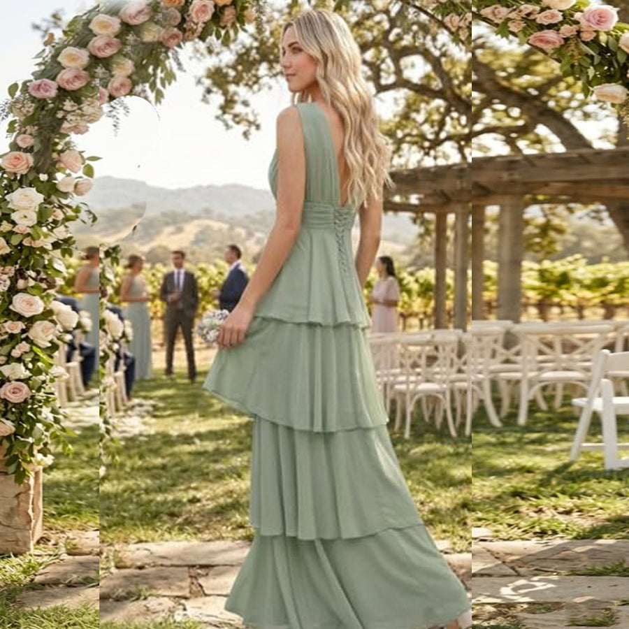 European and american chiffon bridesmaid dress v-neck sleeveless tiered cake dress wedding sister dress hostess outfit gown