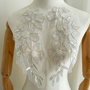 Beaded Embroidery Appliqué Pair – Seed Beads & Sequin Floral Embellishment for Wedding Dresses & Formal Wear (ZH517)