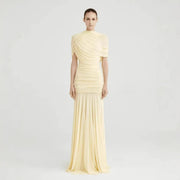 High-Neck Ruched Evening Gown — Draped Shoulders with a Fluid Full-Length Skirt