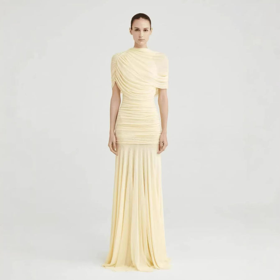 High-Neck Ruched Evening Gown — Draped Shoulders with a Fluid Full-Length Skirt