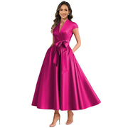 2026 premium satin v-neck midi dress with belted waist, pockets, and suitable for daily wear, parties, and hosting events