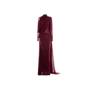 High-Neck Cape Evening Gown — Dramatic Draping with a Trailing Cape