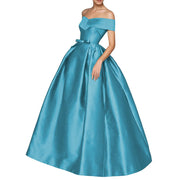 European and american one-shoulder satin flared maxi dress with tie-up bow waist – evening, wedding, and mother-of-the-bride long gown