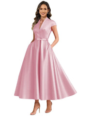 2026 premium satin v-neck midi dress with belted waist, pockets, and suitable for daily wear, parties, and hosting events