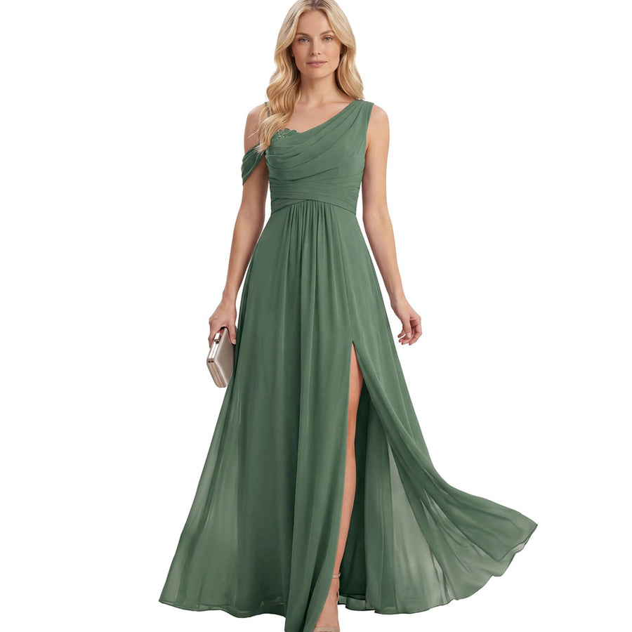 Cross-border dress bridesmaid dress chiffon one shoulder long skirt side slit forest fairy elegant wedding sister dress evening dress