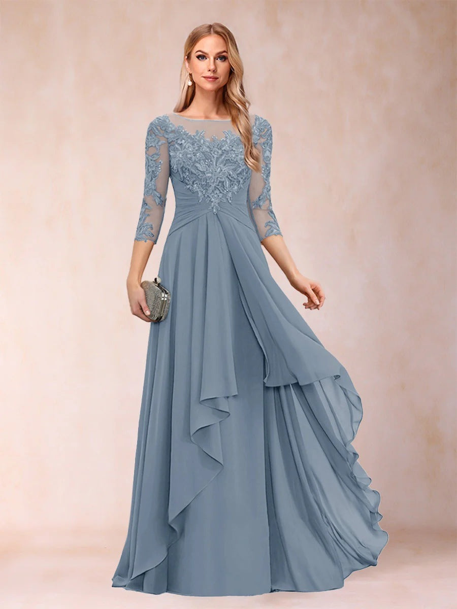 Chiffon lace patchwork mid-sleeve evening gown - round neck a-line floor-length dress - perfect for mothers, mothers-in-law, and hostesses