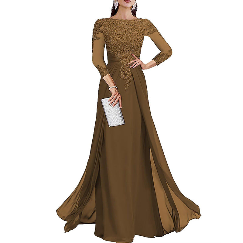 Cross-border lace patchwork long evening dress women's three-quarter sleeve banquet host bridesmaid dress new arrival elegant slimming evening gown