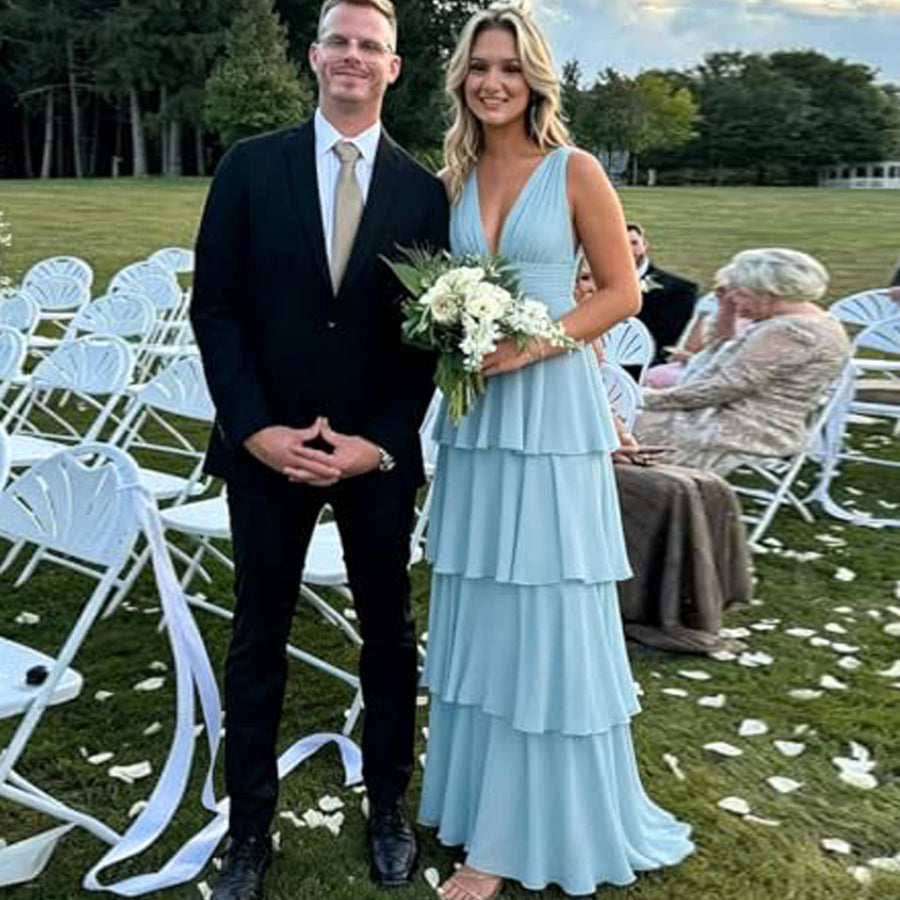 European and american chiffon bridesmaid dress v-neck sleeveless tiered cake dress wedding sister dress hostess outfit gown