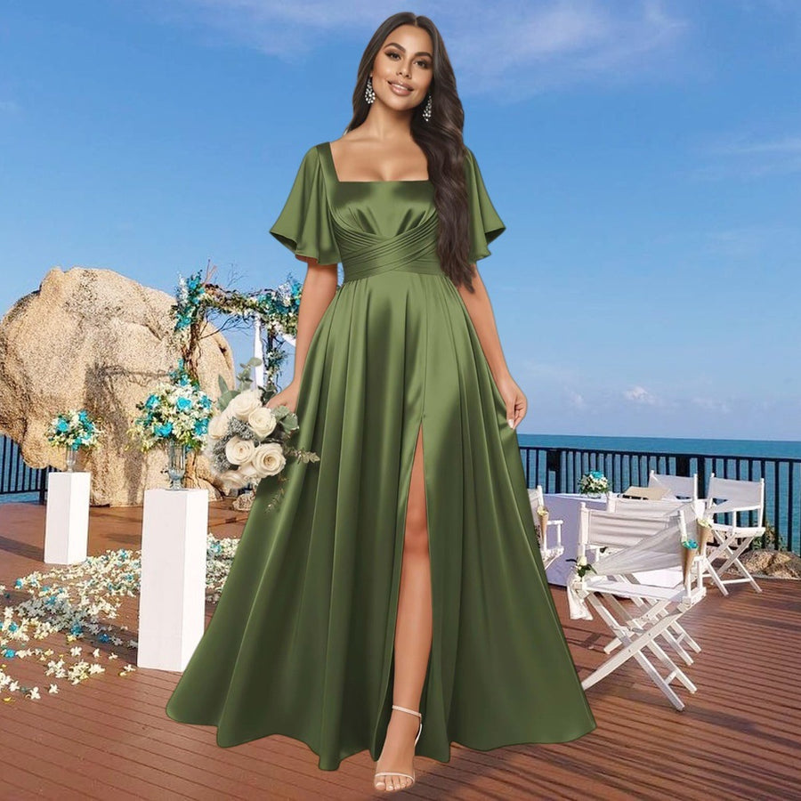 Satin square neck short-sleeved long evening dress, multiple colors available, sister group toast dress, annual meeting host, classy banquet
