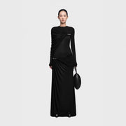 Long-Sleeve Draped Evening Gown — Asymmetric Folds with Metallic Accents