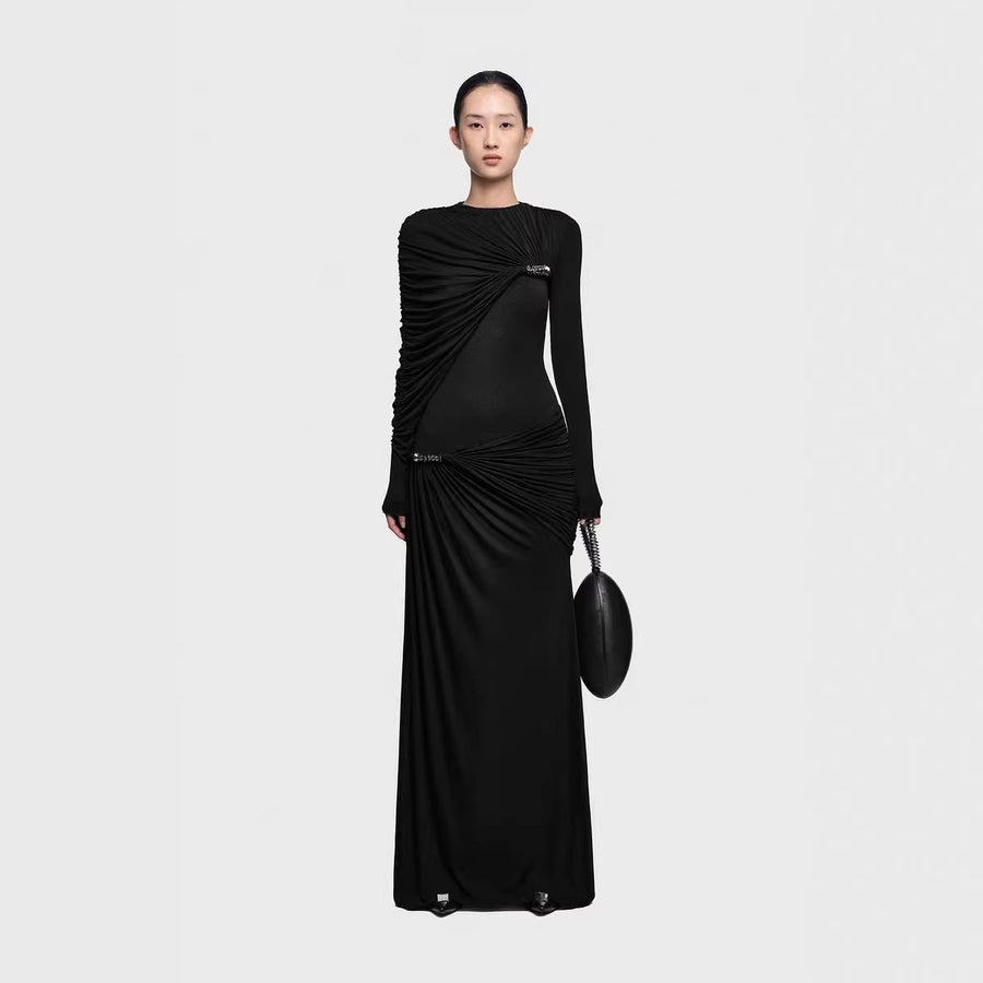 Long-Sleeve Draped Evening Gown — Asymmetric Folds with Metallic Accents
