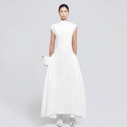 High-Neck A-Line Midi Dress — Sculpted Shoulders with an Asymmetric Hem